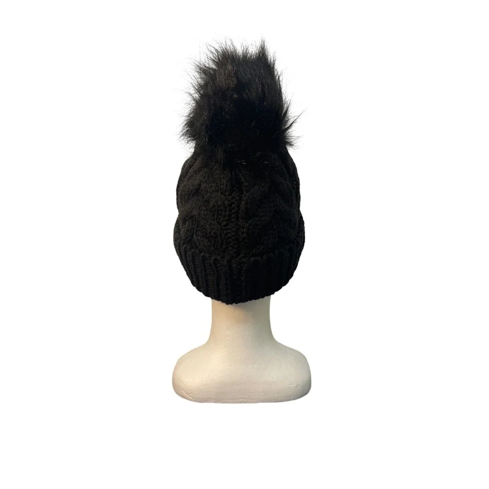 Time and‎ Tru Womens Black Cable Knit Beanie Faux Fur Pom Fleece Lined TT223104